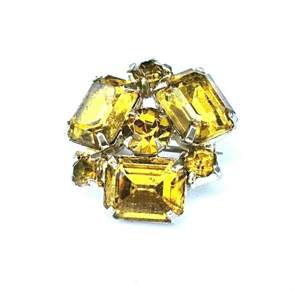 Amber Rhinestone Pin, Gold-toned Brooch with Coordinating Screw back Earrings - Picture 2 of 12